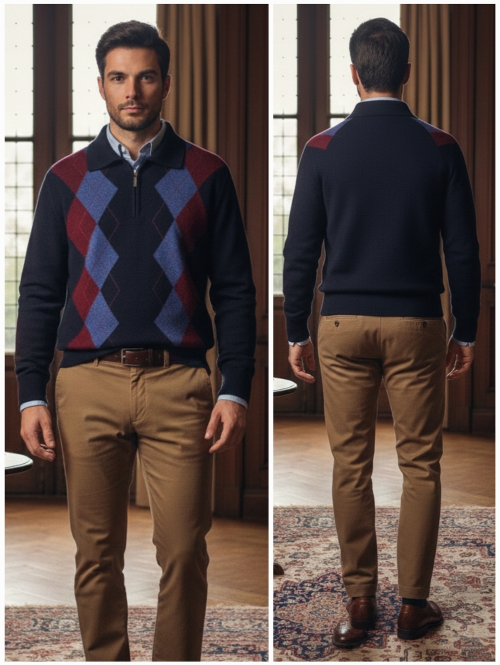 Everman Argyle Wool Blend Quarter Zip Sweater Old Money Eclectic Grandpa